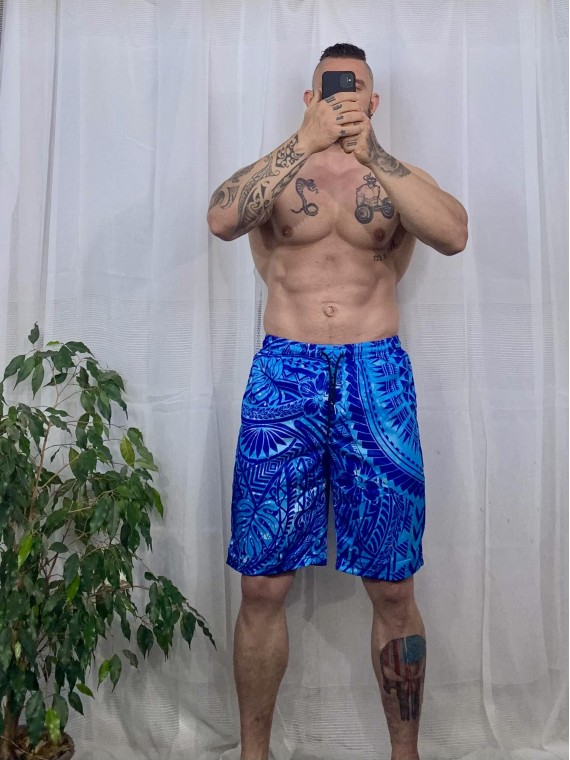 Short de bain homme turquoise Tatouage Polynesien