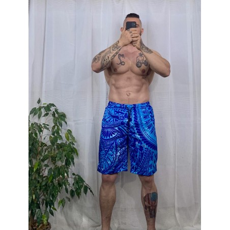 Short de bain homme bleu et turquoise Tatouage Polynesien