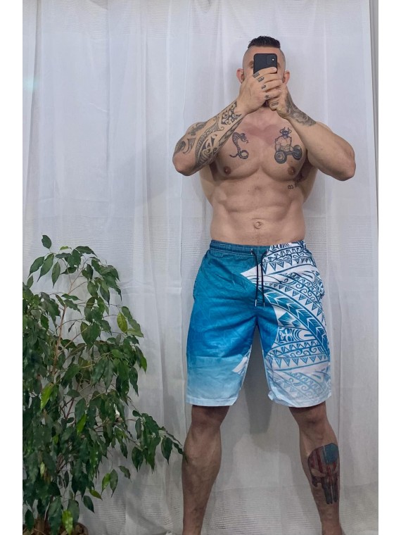 Short de bain homme bleu imprimé Tatouage Polynesien