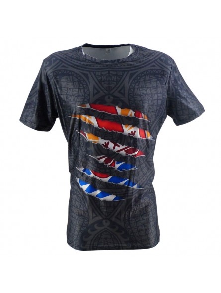 T shirt  noir avec drapeau tahitien déchiré