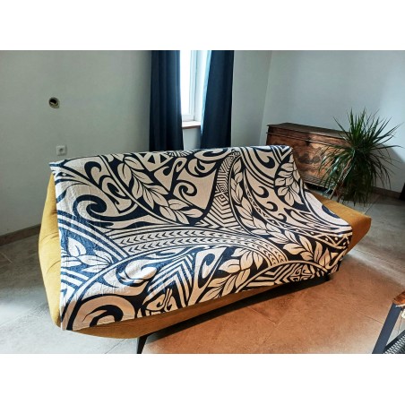 Grand Plaid Tatouage Polynésien noir et crème