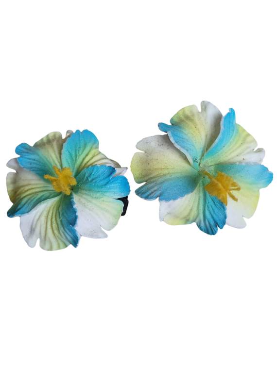 Paire de barrette à cheveux hibiscus marbré turquoise