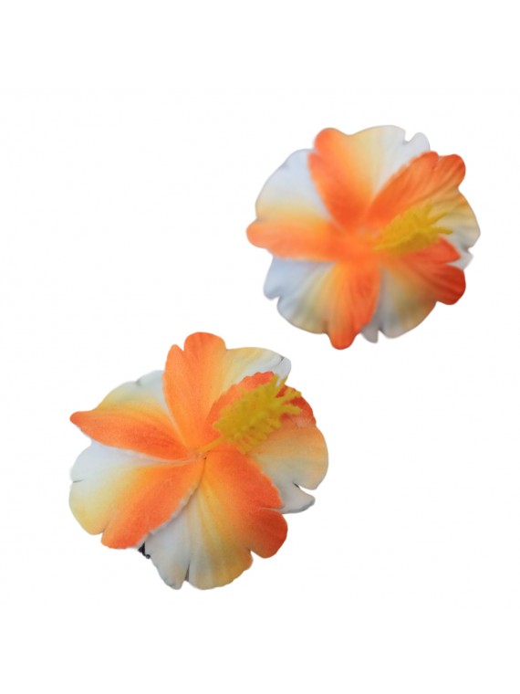 Paire de mini barrette à cheveux hibiscus marbré orange