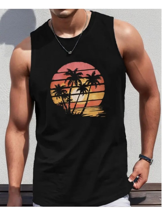 Debardeur couleur noir anthracite motif cocotier et couché de soleil