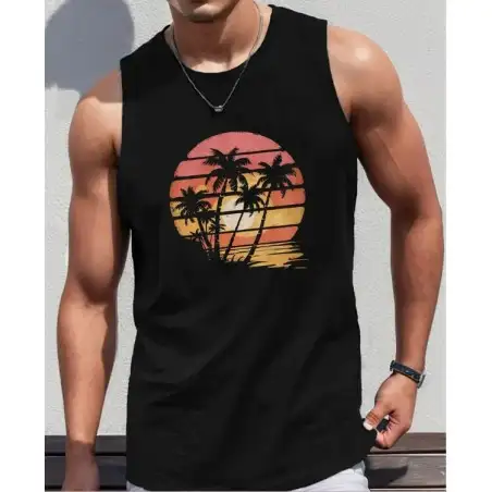 Debardeur couleur noir anthracite motif cocotier et couché de soleil