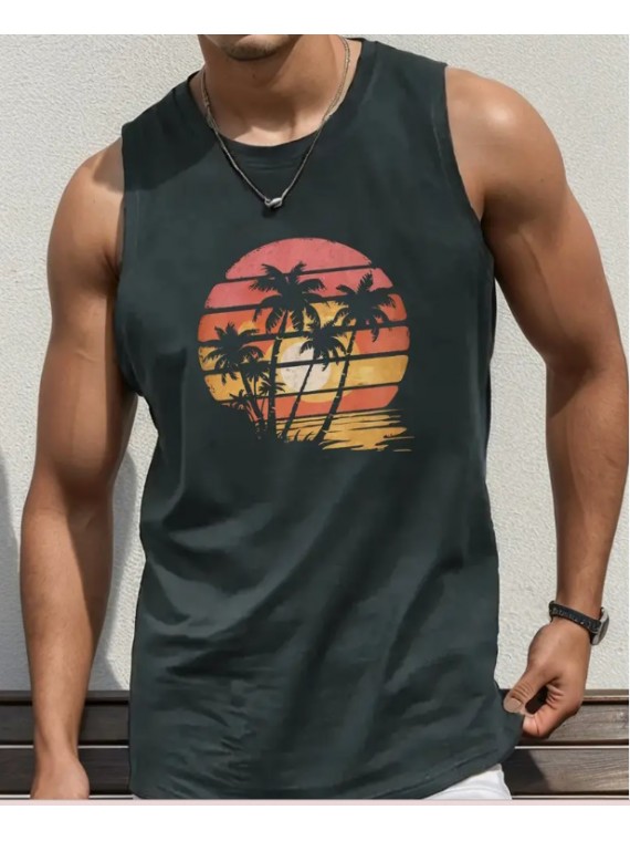 Debardeur couleur gris anthracite motif cocotier et couché de soleil