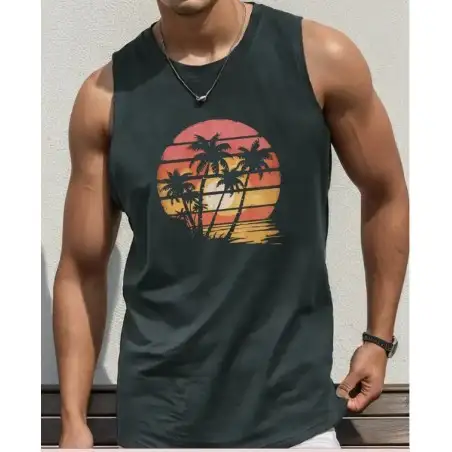 Debardeur couleur gris anthracite motif cocotier et couché de soleil