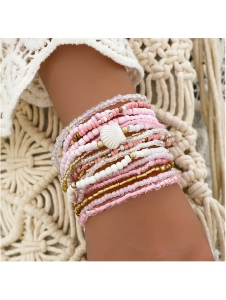 Ensemble de bracelet plage rose Bohème 17 Pièces
