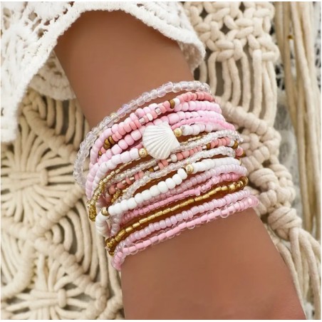 Ensemble de bracelet plage rose Bohème 17 Pièces