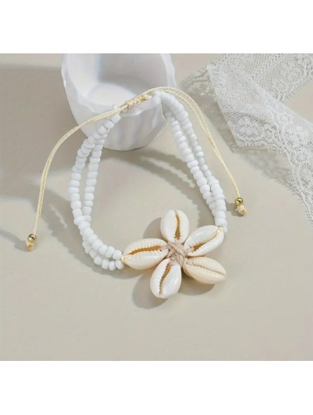 Bracelet de cheville coquillage tissage blanc