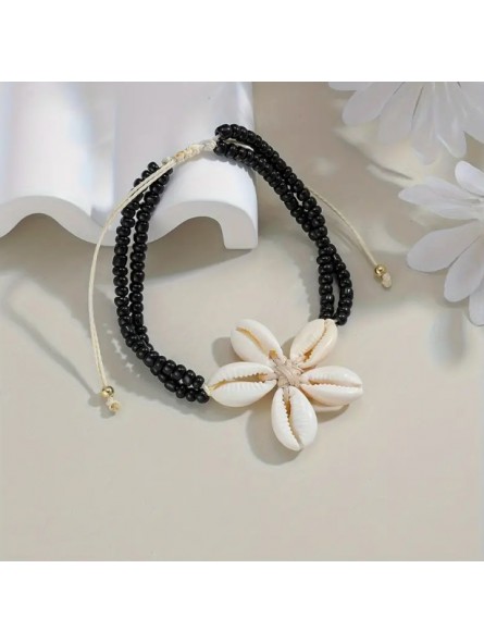 Bracelet de cheville coquillage tissage noir