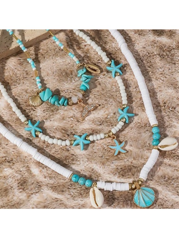 Ensemble de 3 Colliers blanc et Turquoise Plage