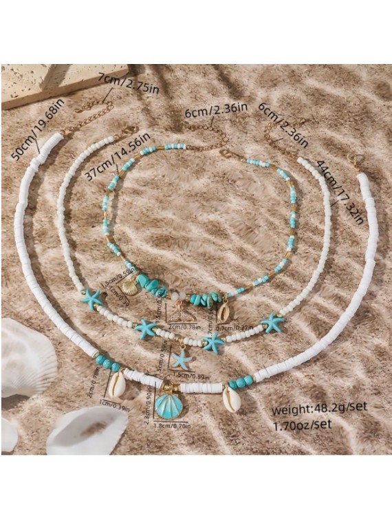 Ensemble de 3 Colliers blanc et Turquoise Plage