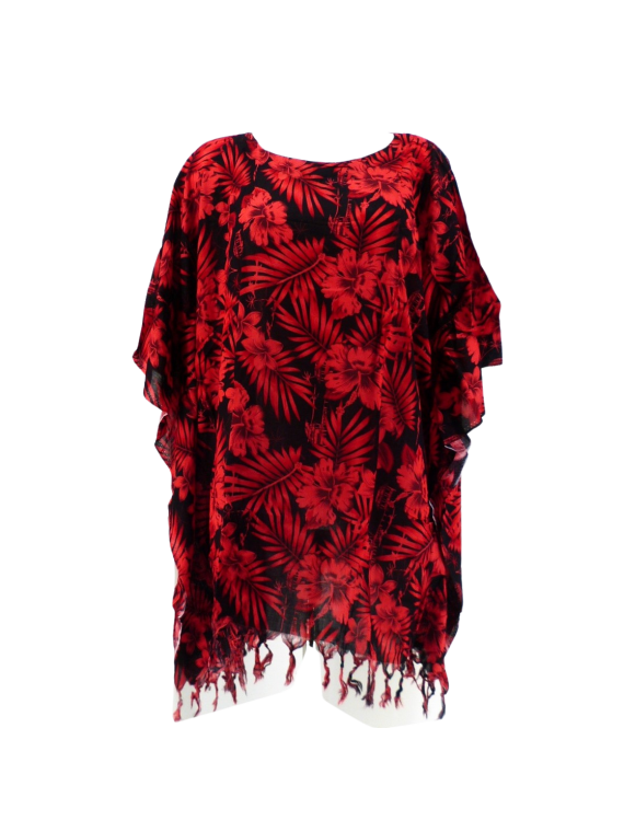 Tunique Femme couleur rouge et noir anthracite  motifs jungle tropical fleurs