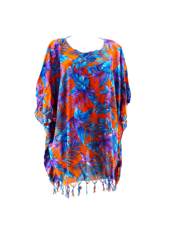Tunique de plage pour Femme couleur orange et bleu motifs fleurs tropicals