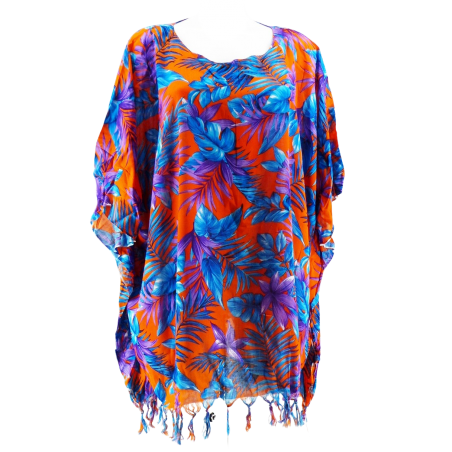 Tunique de plage pour Femme couleur orange et bleu motifs fleurs tropicals