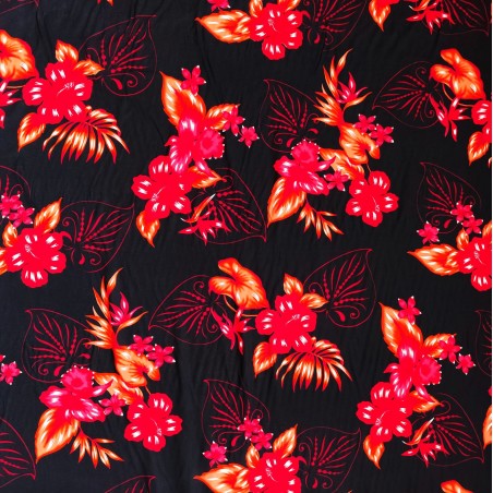 Tissu Noir à fleurs rouge bouquet