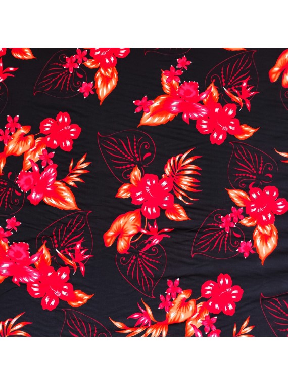 Tissu Noir à fleurs rouge bouquet