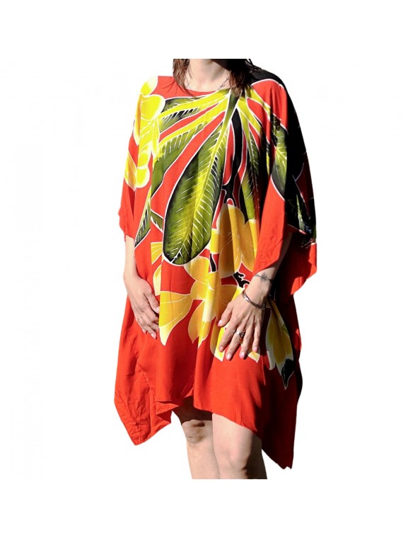 Tunique ample femme couleur rouge avec fleurs frangipane jaune et blanche