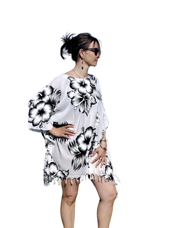 Tunique blanche Femme motifs fleurs d'hibiscus noir