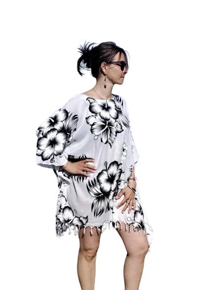 Tunique blanche Femme motifs fleurs d'hibiscus noir