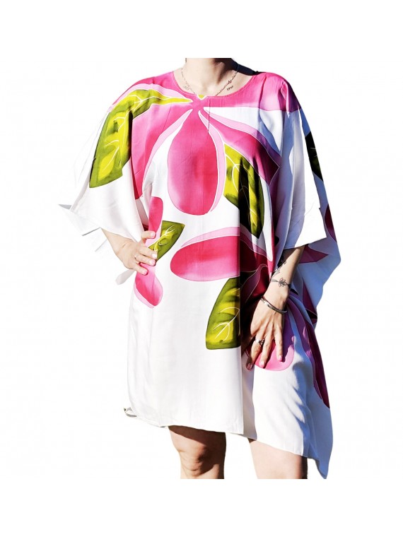 Tunique femme ample blanche avec motifs fleurs Frangipanes rose