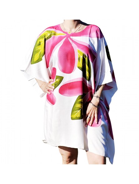 Tunique femme ample blanche avec motifs fleurs Frangipanes rose