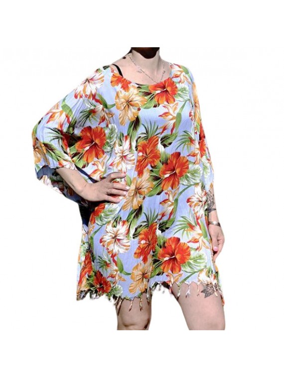 Tunique pour femme couleur bleu ciel Motif hibiscus