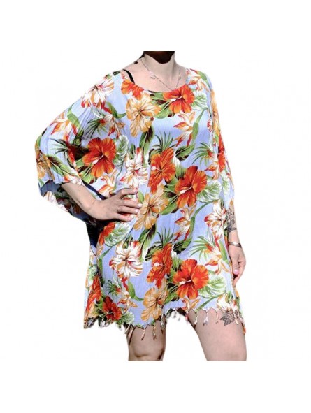 Tunique pour femme couleur bleu ciel Motif hibiscus