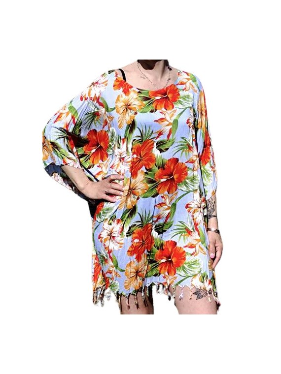 Tunique pour femme couleur bleu ciel Motif hibiscus