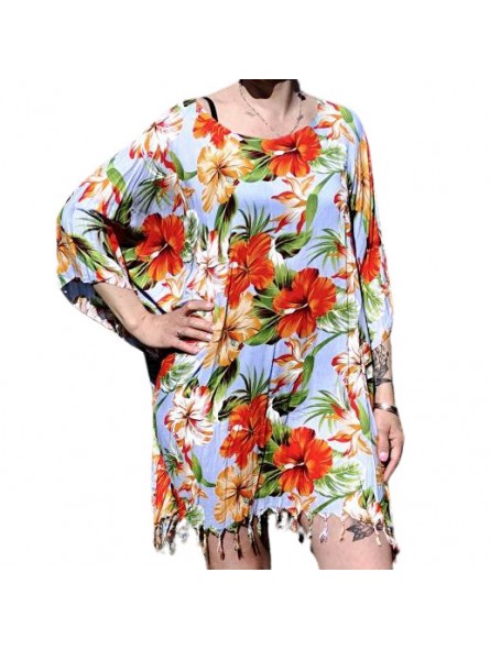 Tunique pour femme couleur bleu ciel Motif hibiscus