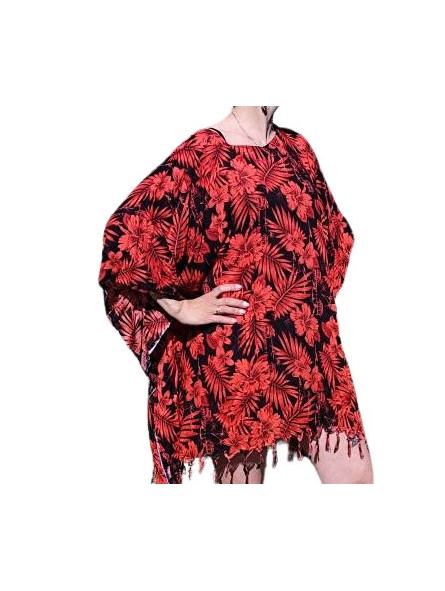 Tunique Femme couleur rouge et noir anthracite  motifs jungle tropical fleurs