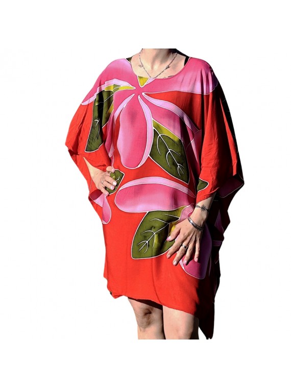 Tunique couleur rouge motif 5 frangipanes blanches