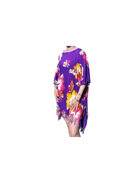 Tunique Femme motifs Hibiscus multicolore fond violet