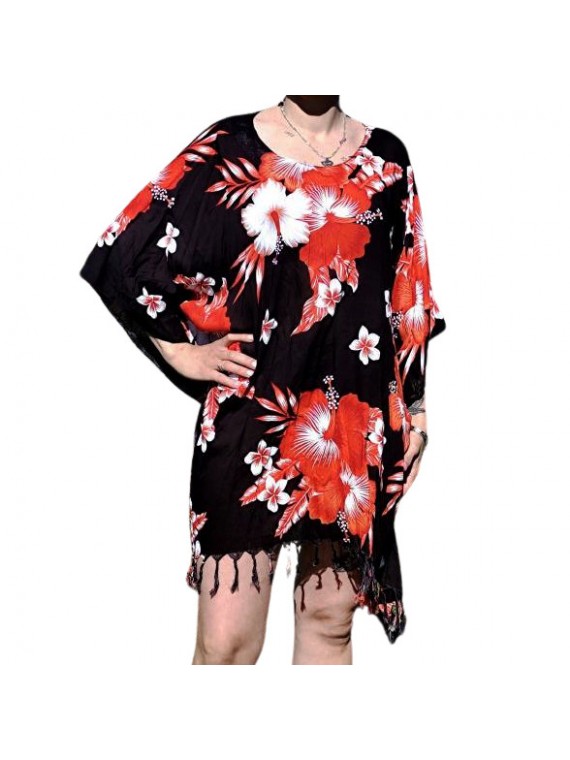 Tunique Femme fond noir motifs fleurs hibiscus rouge