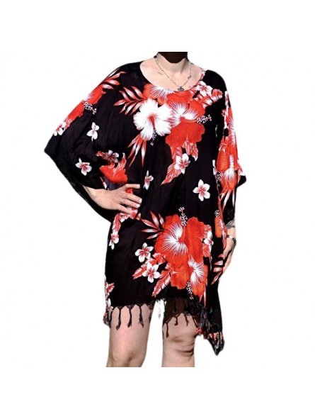 Tunique Femme fond noir motifs fleurs hibiscus rouge