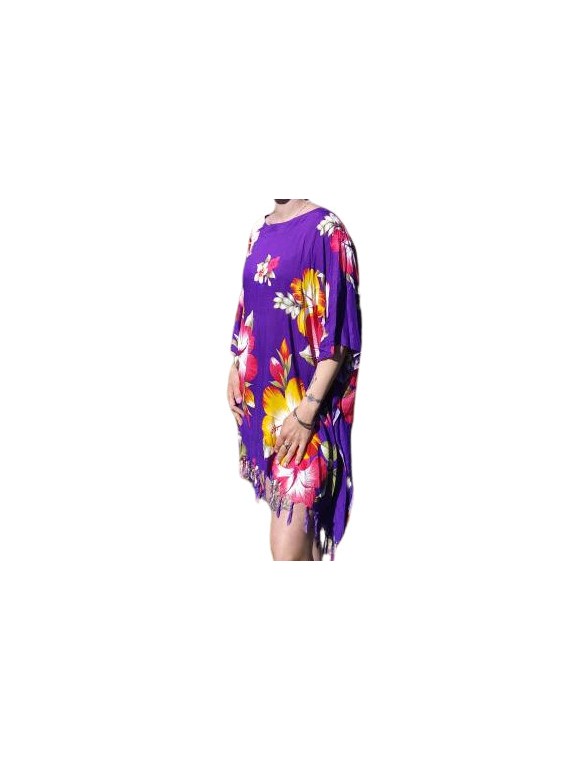 Tunique Femme motifs Hibiscus multicolore fond violet