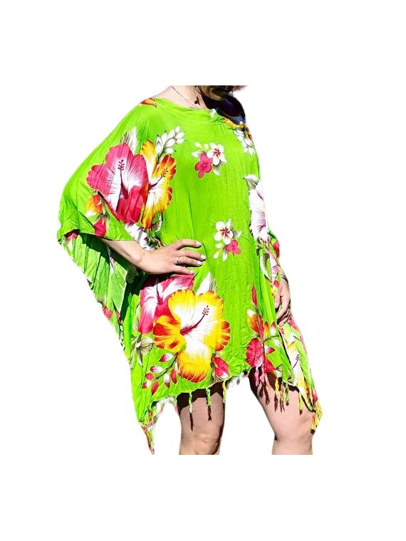 Tunique Femme motifs Hibiscus multicolore fond vert
