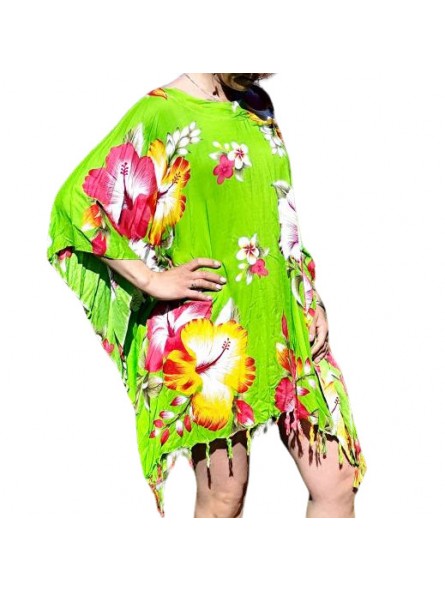 Tunique Femme motifs Hibiscus multicolore fond vert