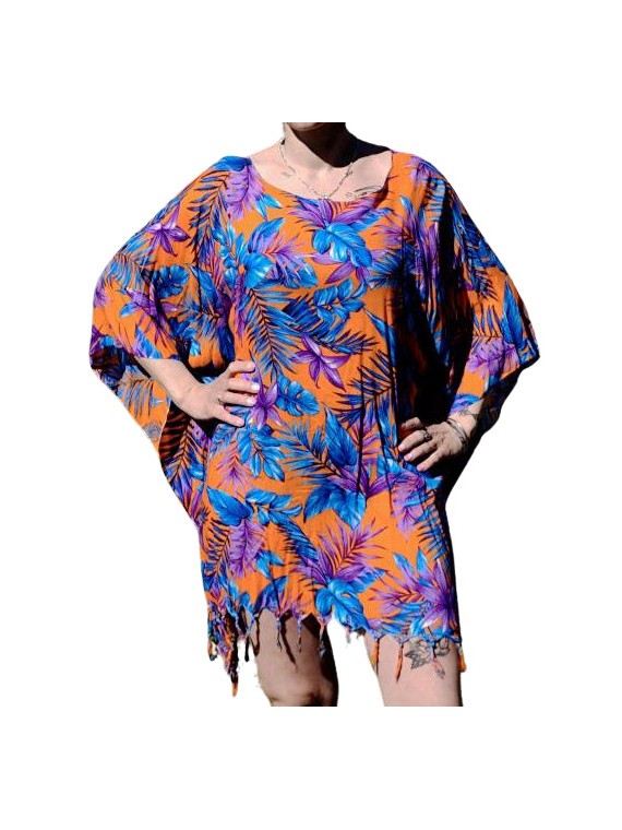 Tunique de plage pour Femme couleur orange et bleu motifs fleurs tropicals