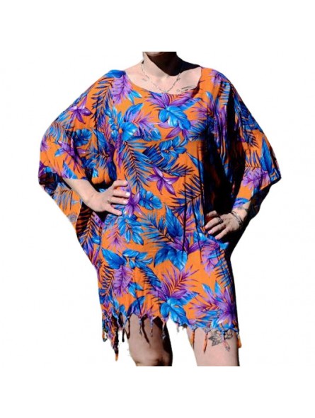 Tunique de plage pour Femme couleur orange et bleu motifs fleurs tropicals