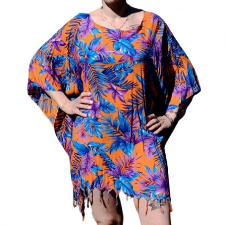 Tunique de plage pour Femme couleur orange et bleu motifs fleurs tropicals