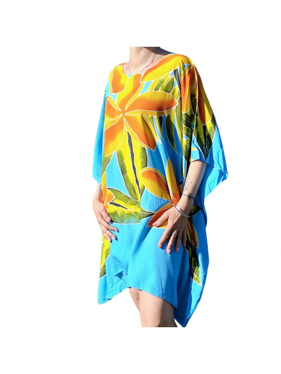 Tunique couleur turquoise motifs 5 frangipanes blanche