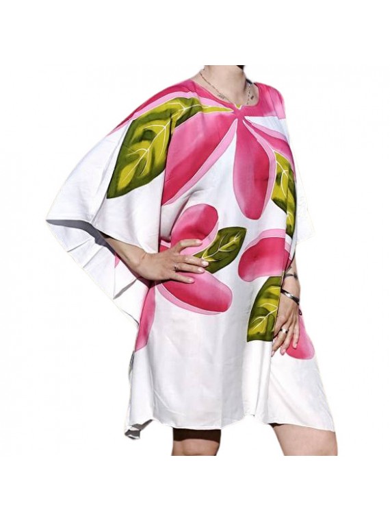 Tunique femme ample blanche avec motifs fleurs Frangipanes rose