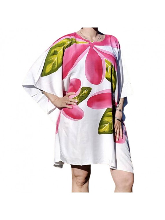 Tunique femme ample blanche avec motifs fleurs Frangipanes rose