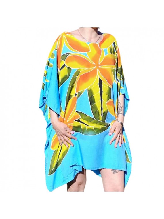 Tunique couleur turquoise motifs 5 frangipanes blanche