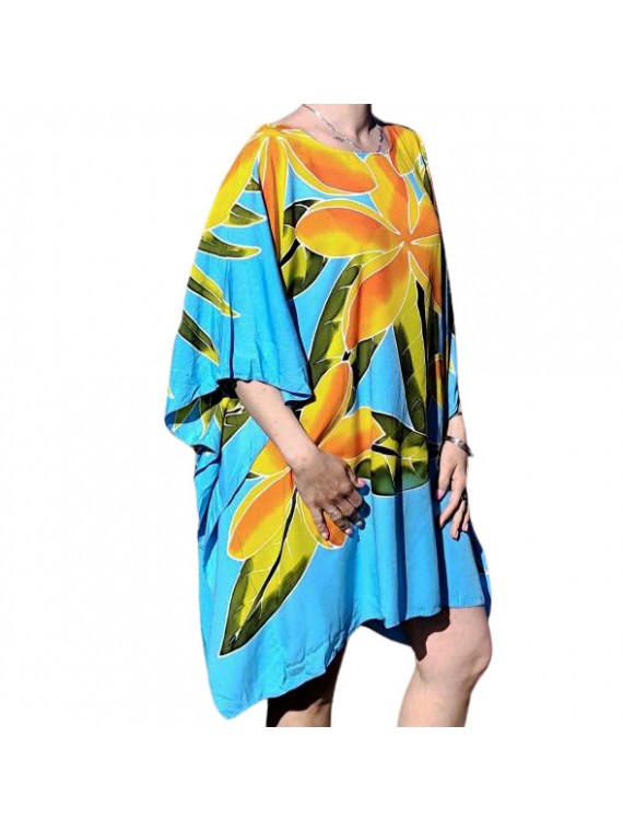 Tunique couleur turquoise motifs 5 frangipanes blanche