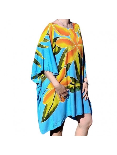 Tunique couleur turquoise motifs 5 frangipanes blanche