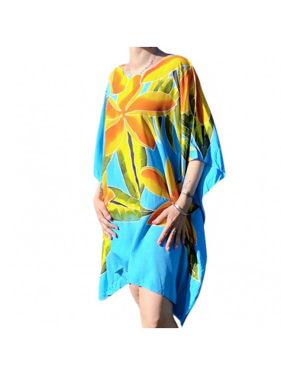 Tunique couleur turquoise motifs 5 frangipanes blanche