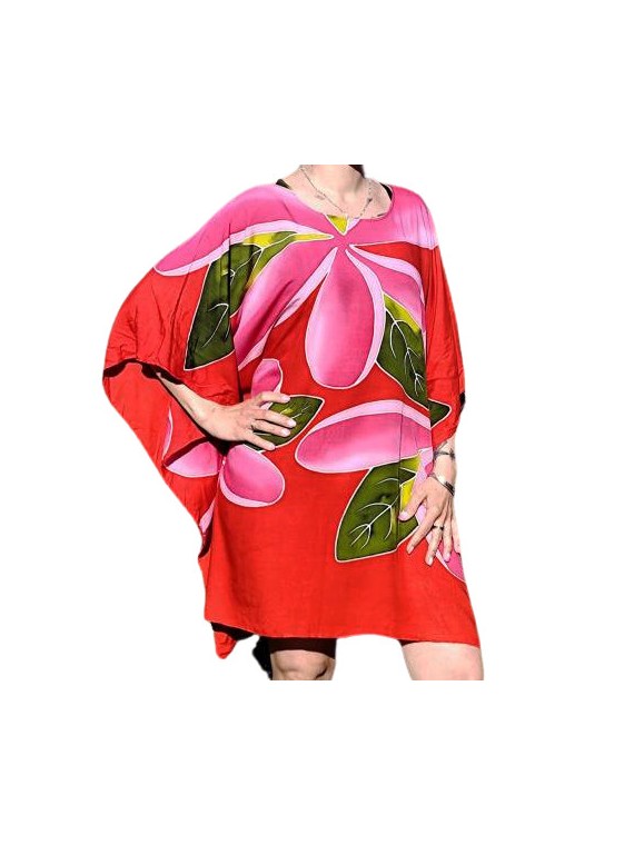 Tunique couleur rouge motif 5 frangipanes blanches